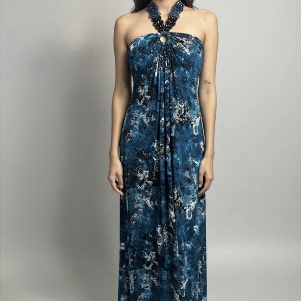 Chic Strapless Blue Patterned Dress